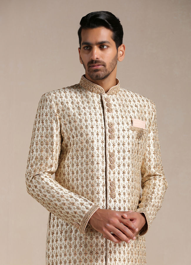 Peach Cream Floral Patterned Sherwani Set image number 0